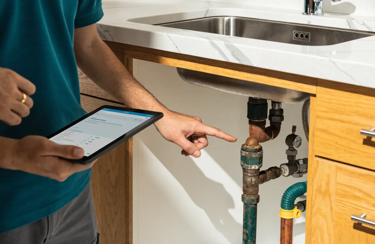 A homeowner checking a written quote with a pro at the door